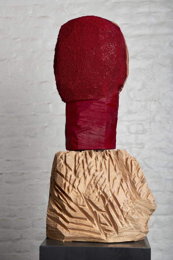 Annabelle Hyvrier 'Portrait red faced' 2017, cedar, red beads, paint, ht:60cm,